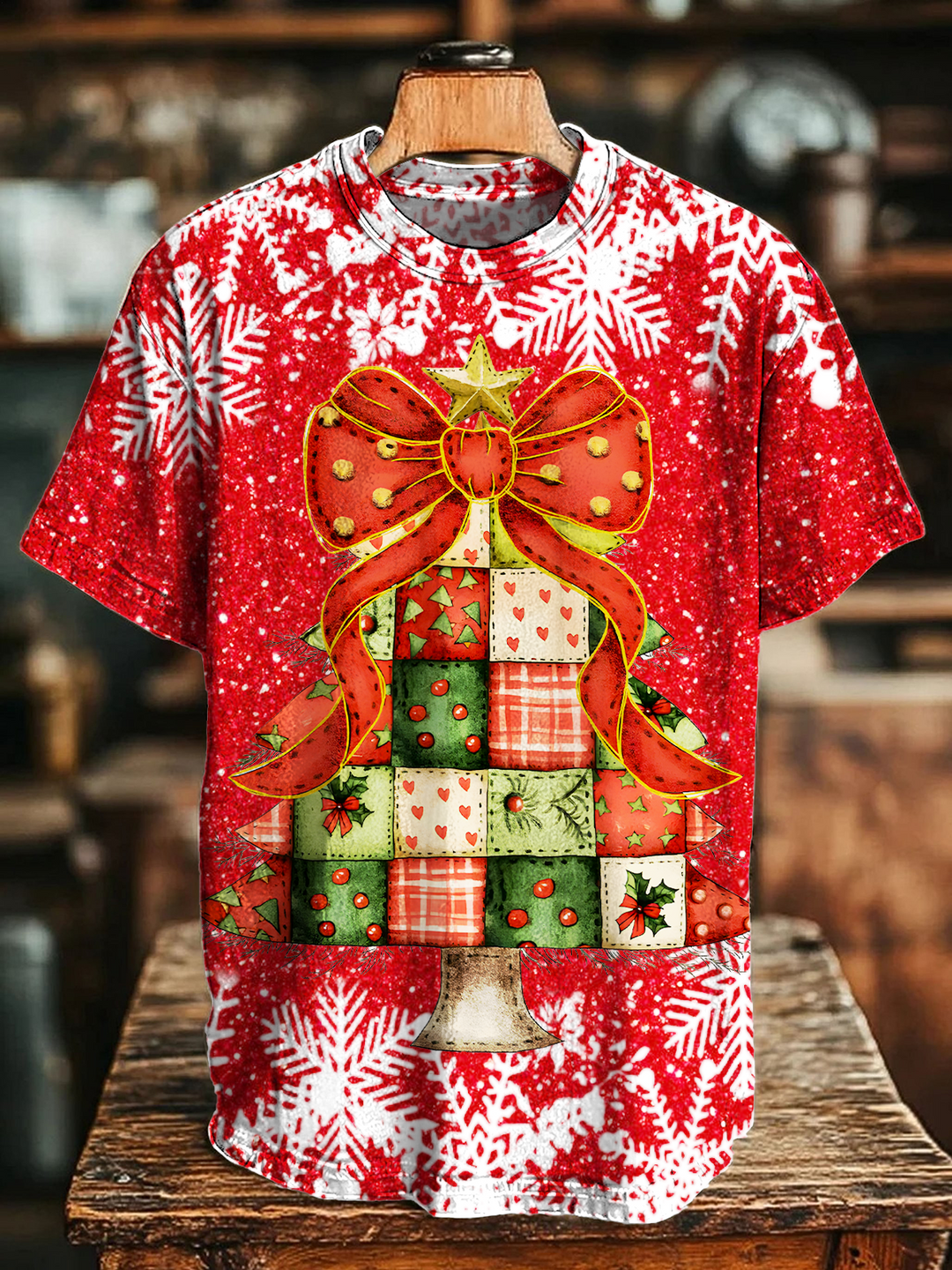 Patchwork Christmas Tree Crew Neck T-shirt