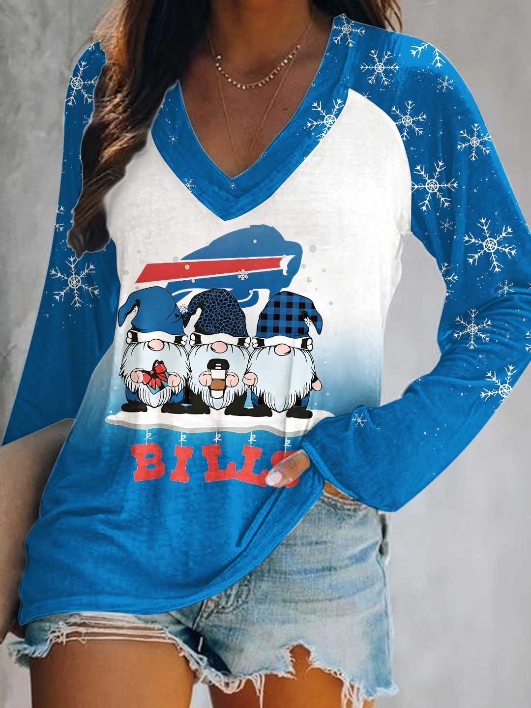 Buffalo Art Snowflakes Print V-Neck Long Sleeve Top