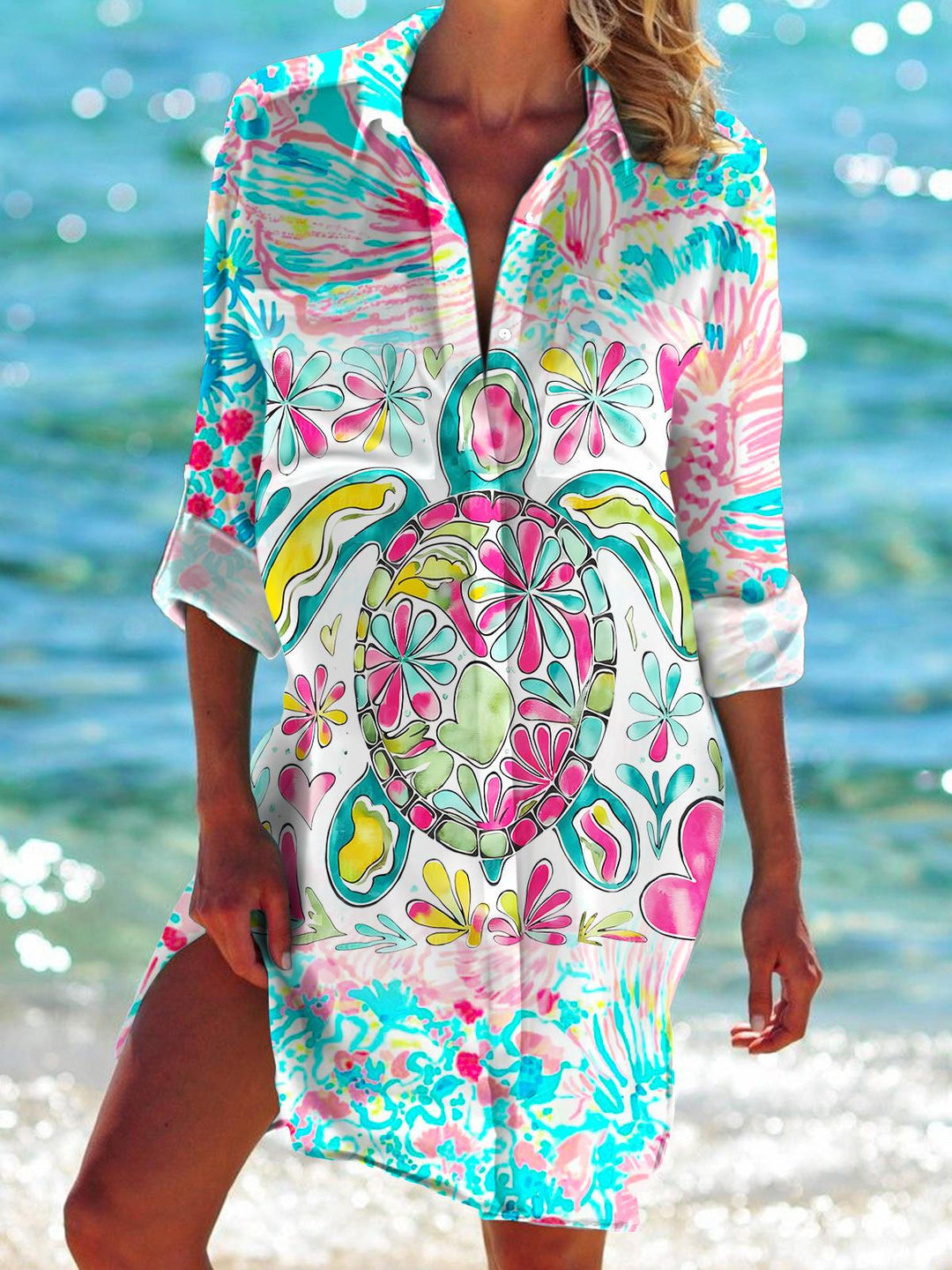 Summer Turtle Bohemian Print Long Sleeve Beach Shirt Dress