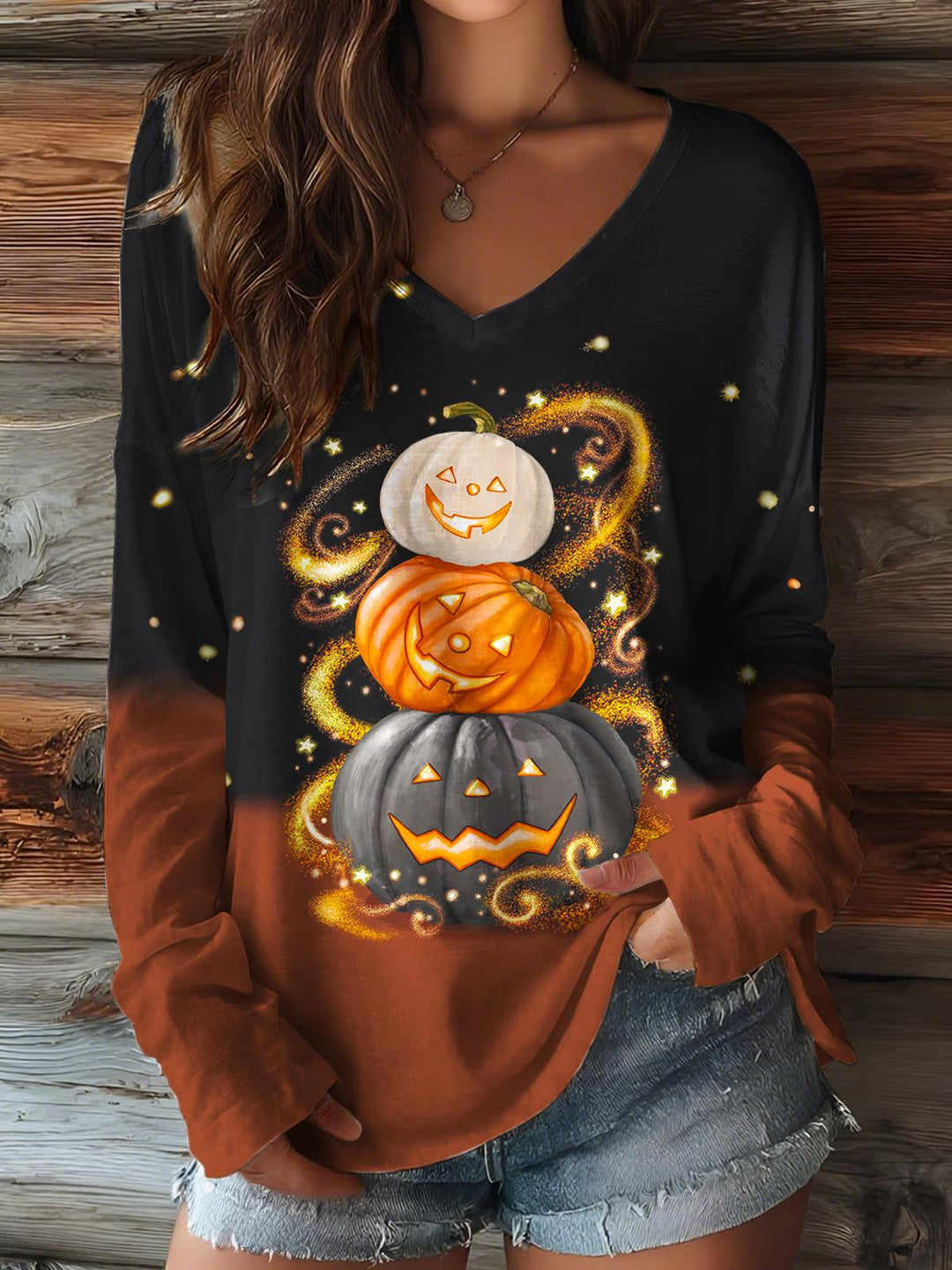 Autumn Halloween Pumpkin V-neck Long Sleeve Top