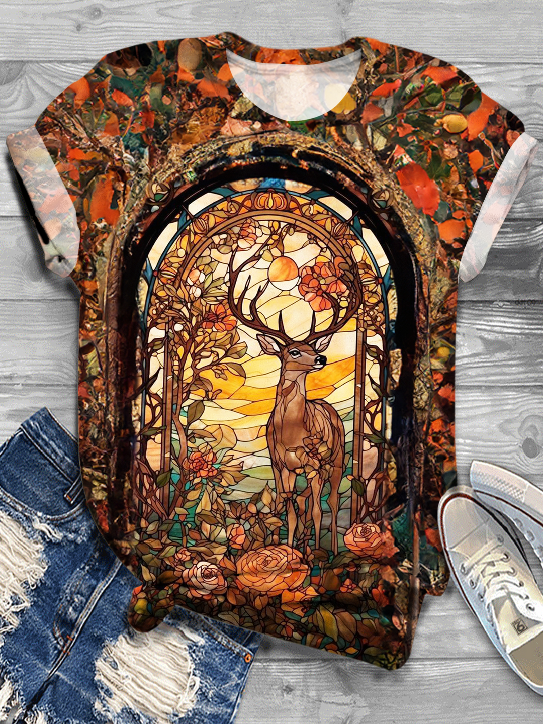 Stained Glass Forest Elk Crew Neck T-shirt