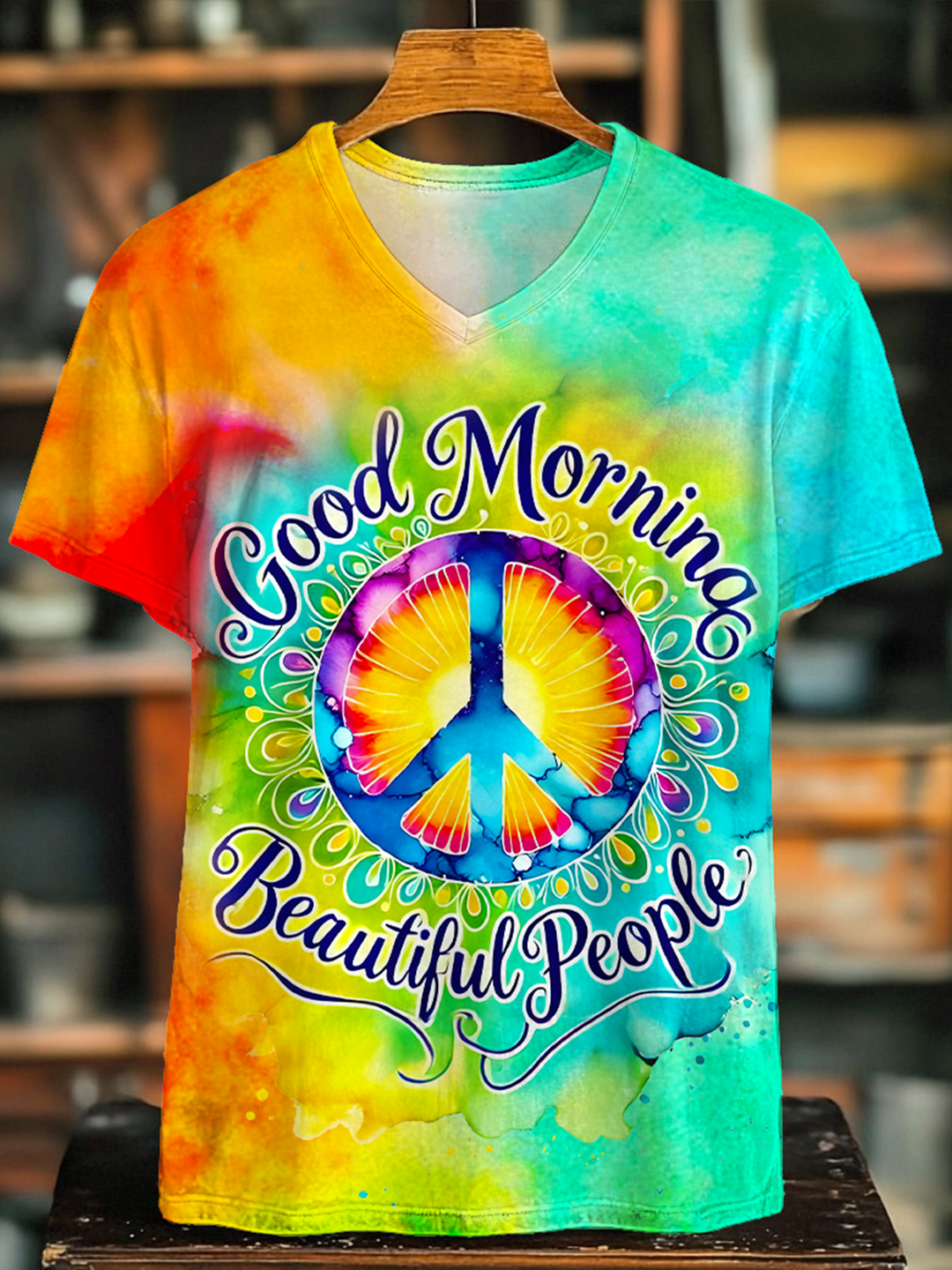 Good Morning Beautiful People Hippie Peace Art V-neck T-Shirt