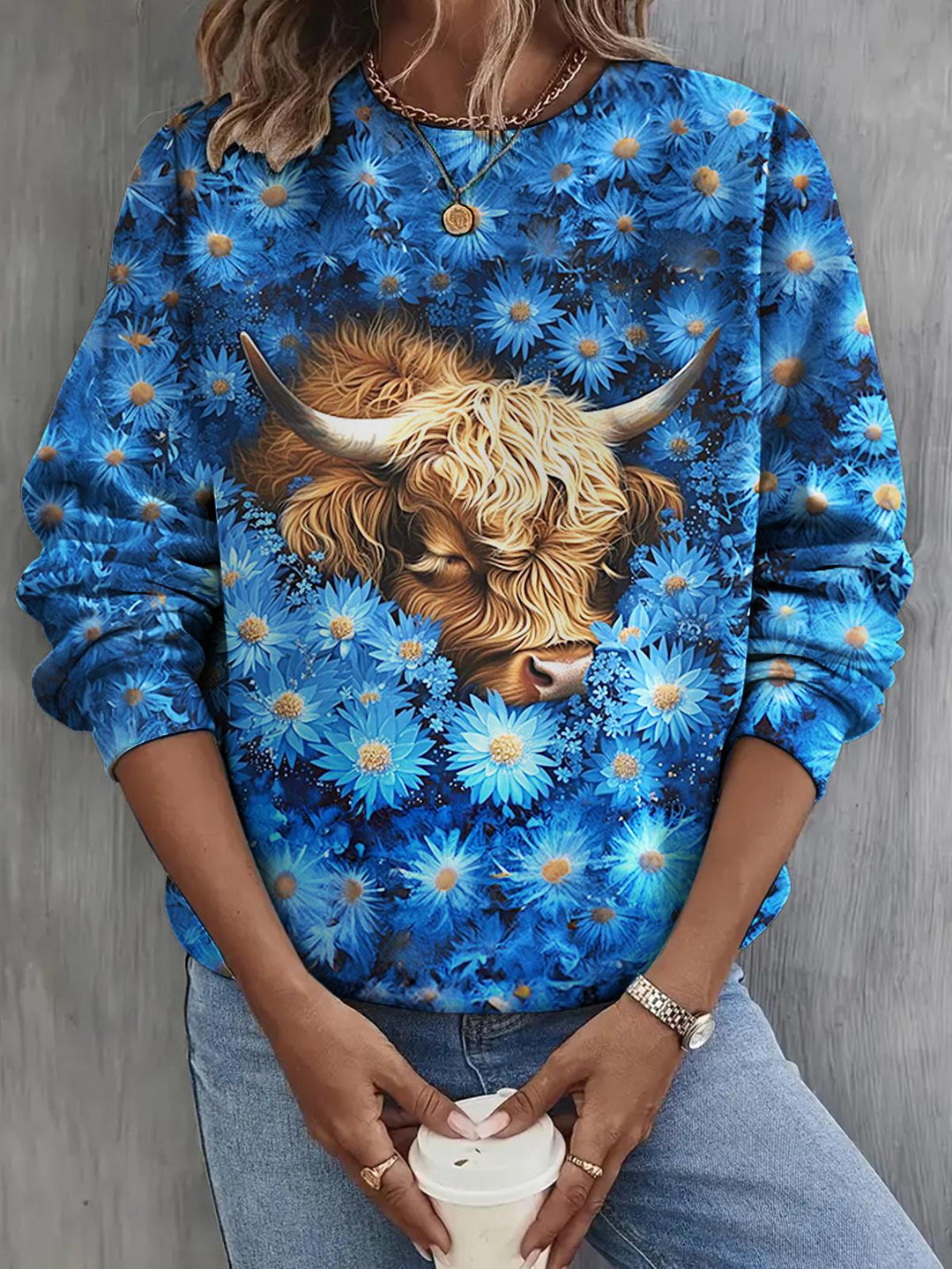 Fall Floral Highland Cow Long Sleeve Casual Top