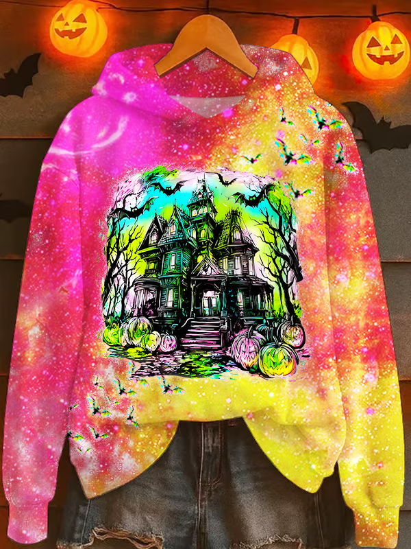 Neon Haunted Mansion Long Sleeve Printed Hoodie