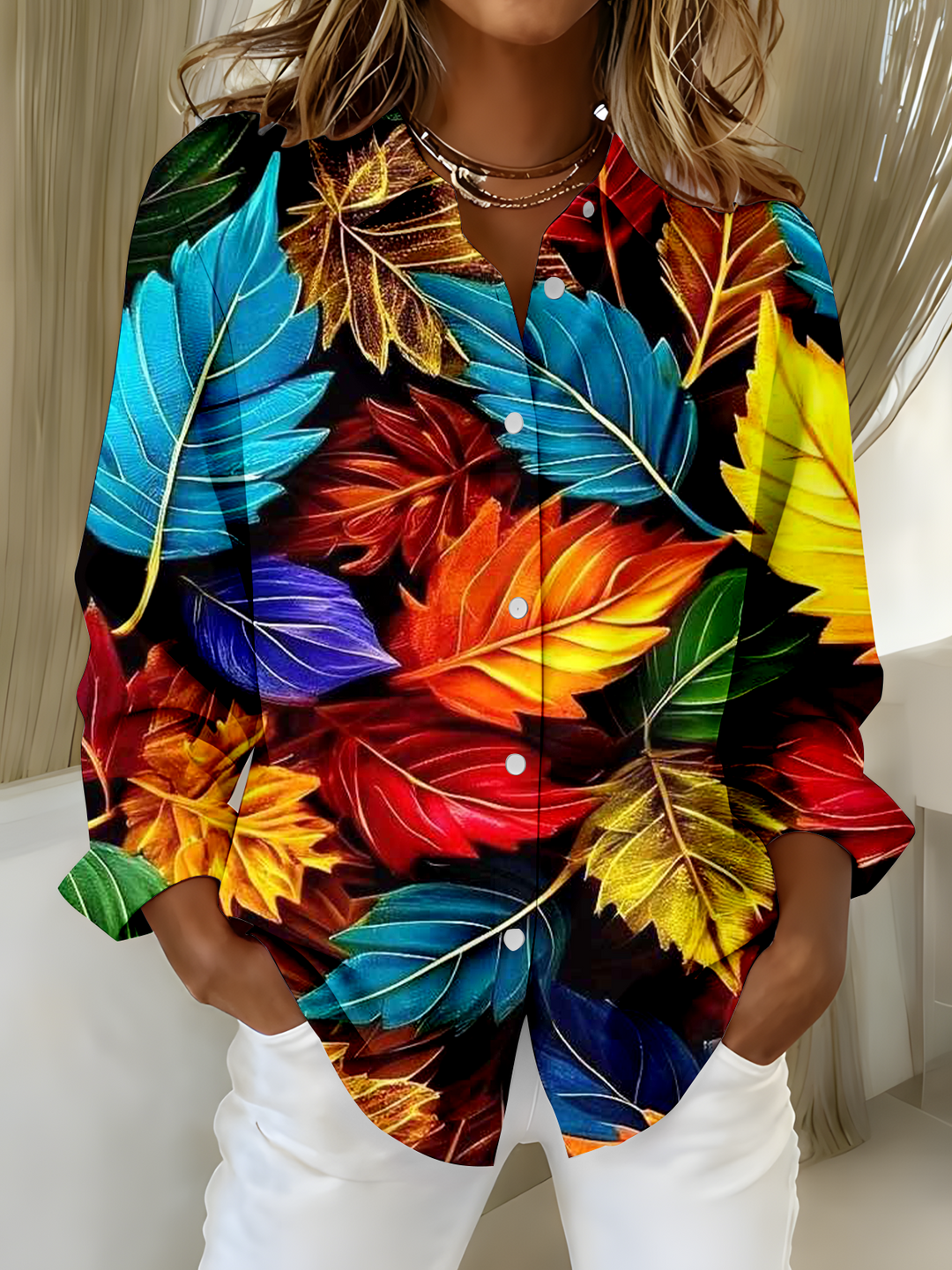 Women's Autumn Maple Leaf Art Printed Casual Shirt