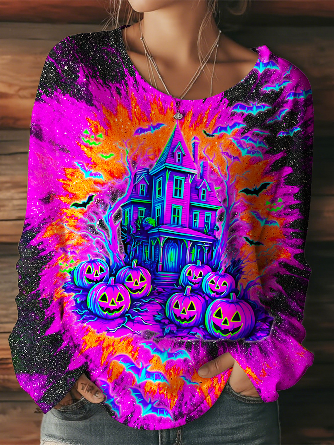 Vintage Tie-dye Halloween Women's Round Neck Long Sleeve T-shirt