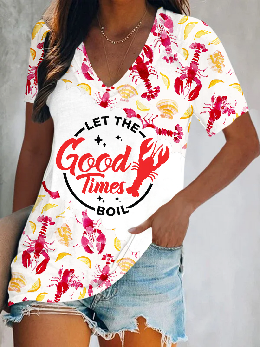 Crawfish Let the Good Times Boil Short Sleeve V Neck Print Top