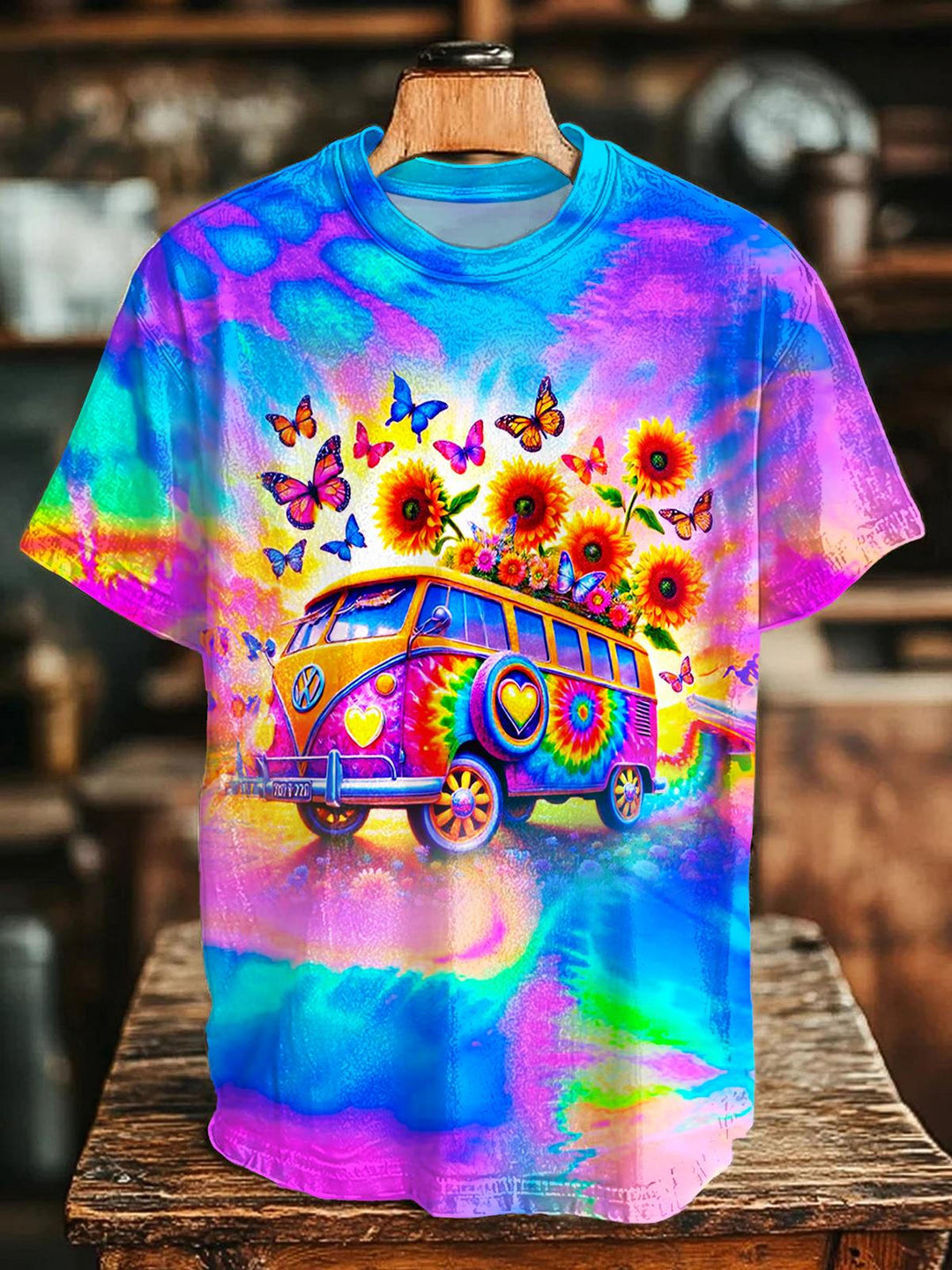 Hippie Colorful Car Printed Crew Neck T-shirt