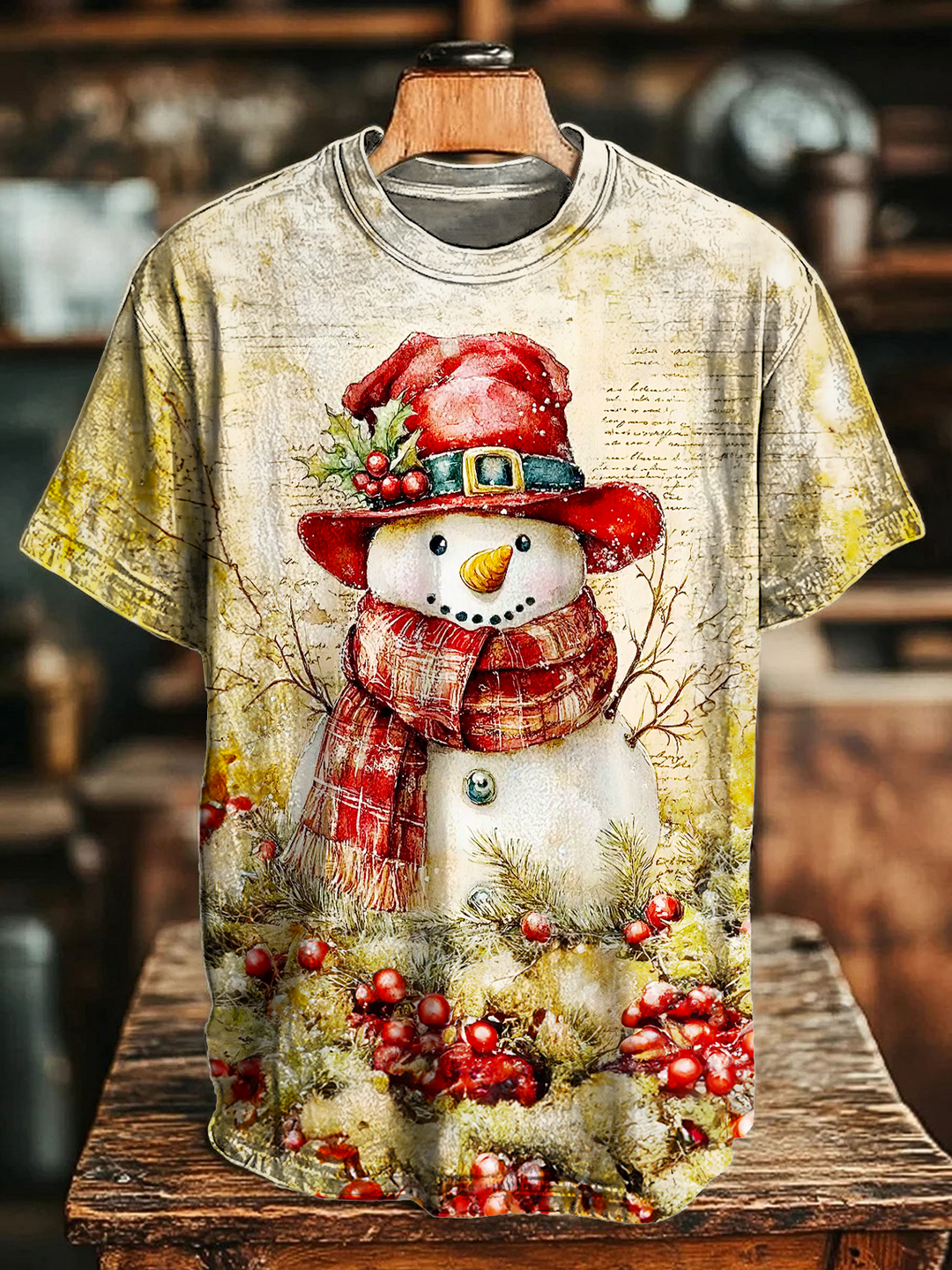 Retro Christmas Snowman Crew Neck T-shirt