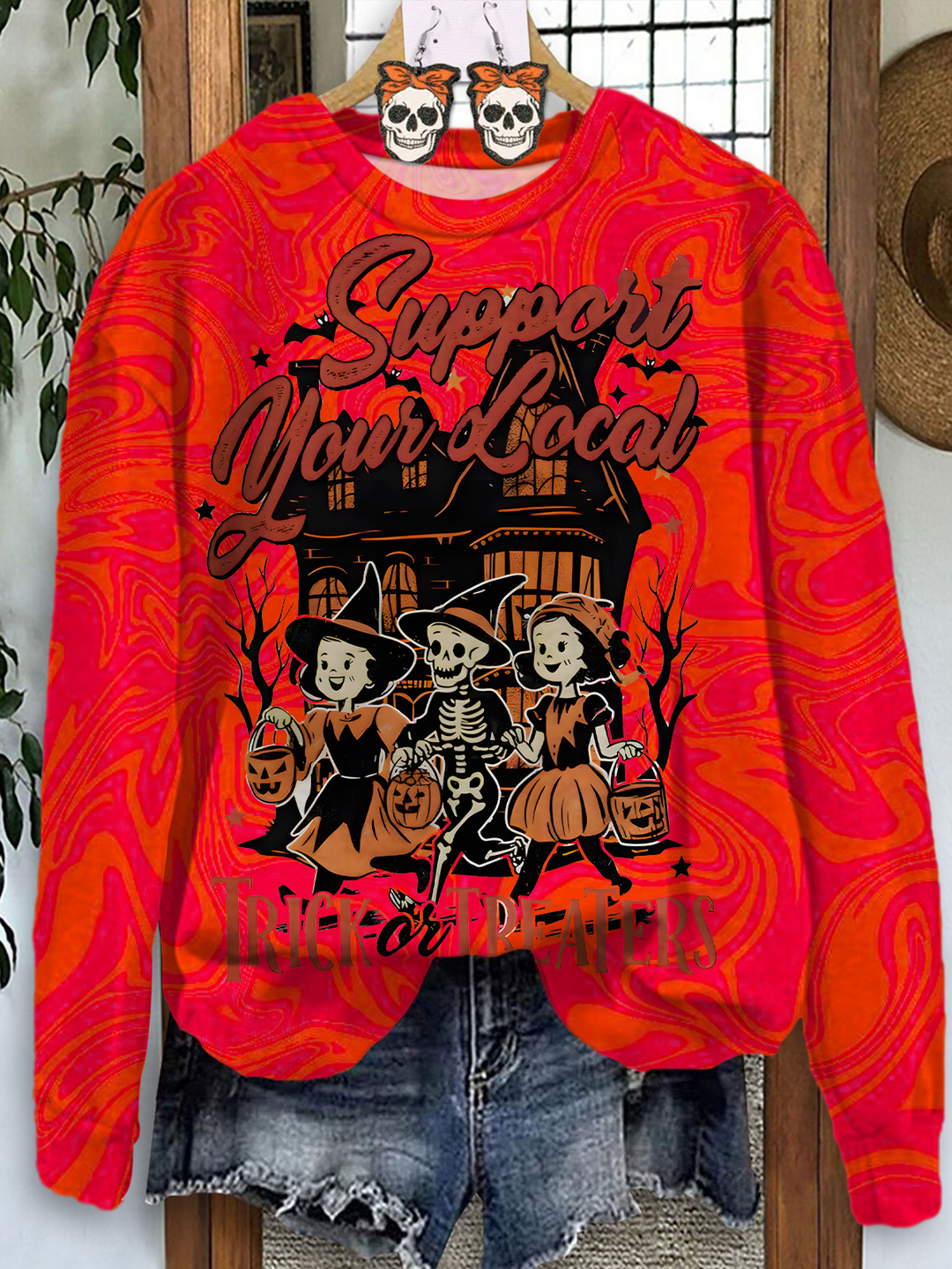 Support Your Local Trick or Treaters Printed Long Sleeve Casual Top