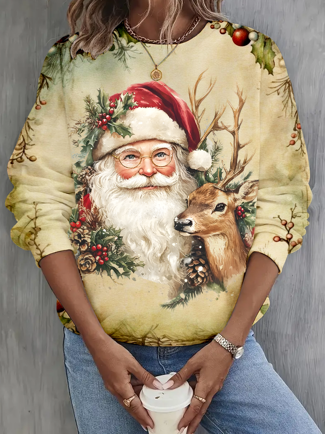 Santa Claus And Reindeer Printed Long Sleeve Casual Top