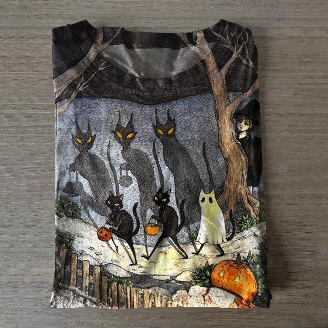 Halloween Kitten Print Crew Neck T-shirt