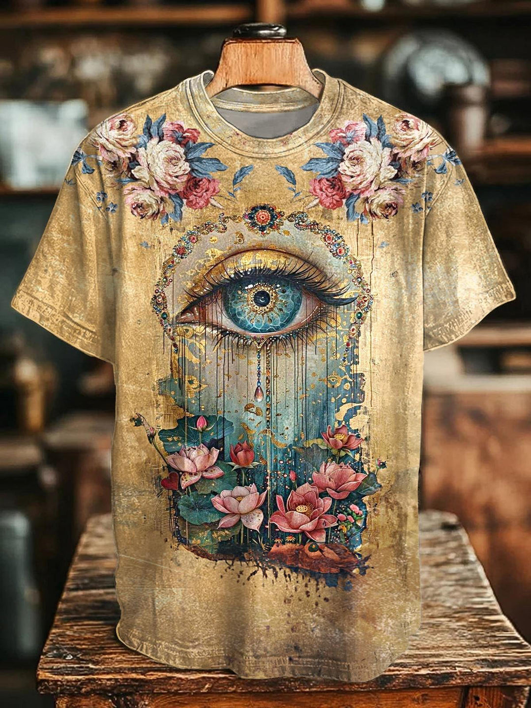 Retro Floral Eyes Printed Crew Neck T-shirt