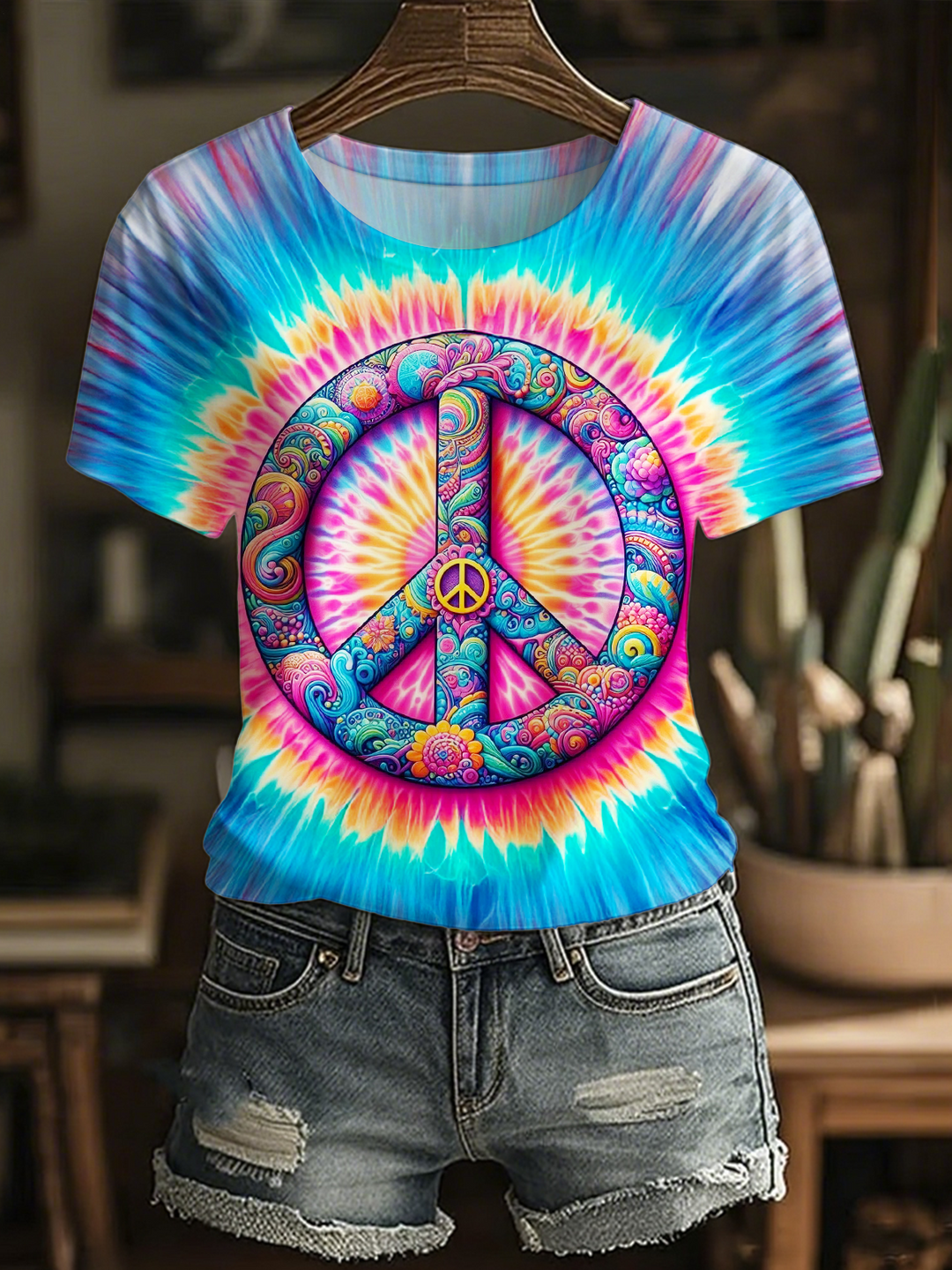 Colorful Tie-dye Hippie Peace Art Crew Neck T-shirt