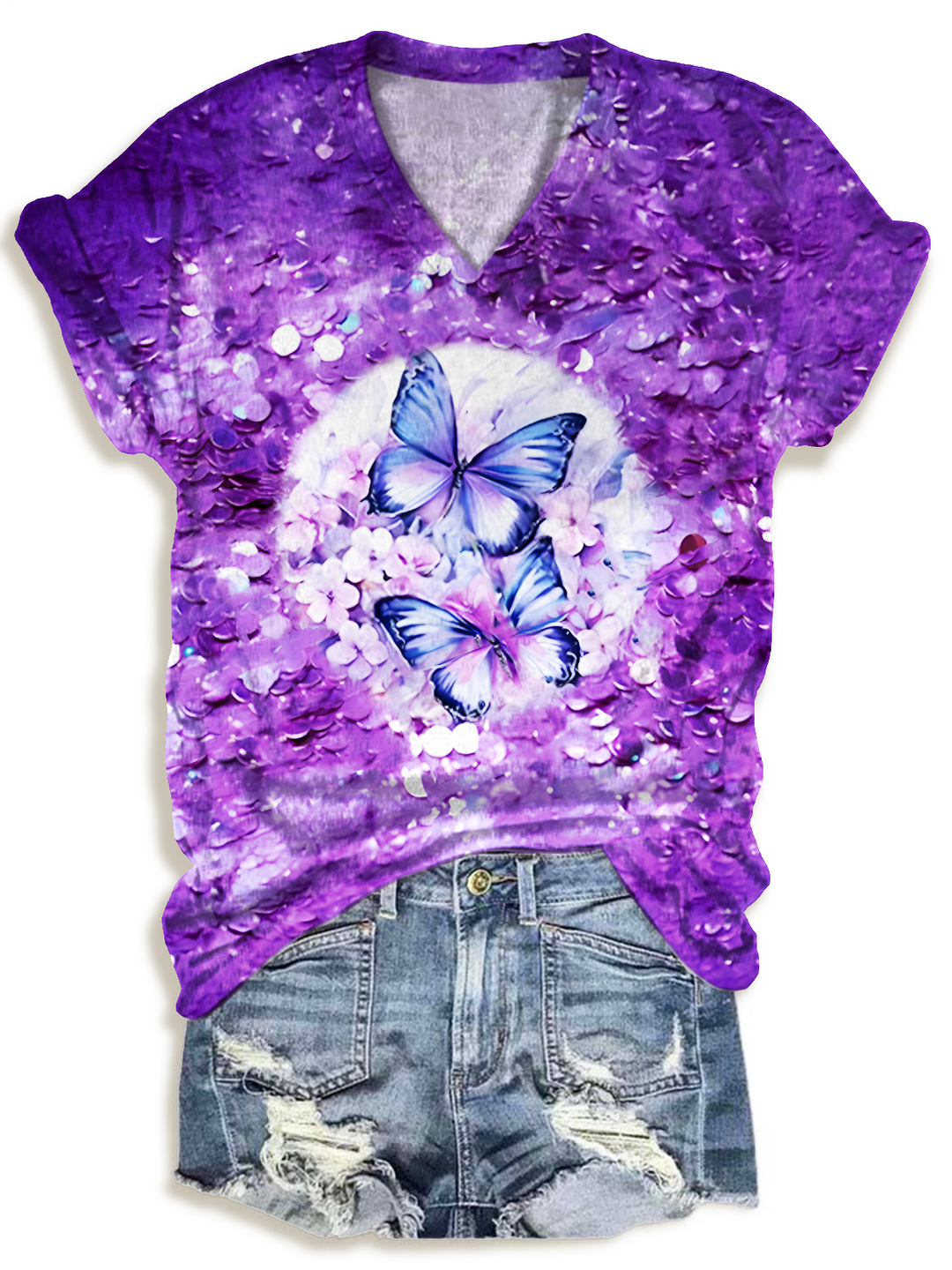 Shimmering Glitter Butterfly Floral Art V-neck T-Shirt