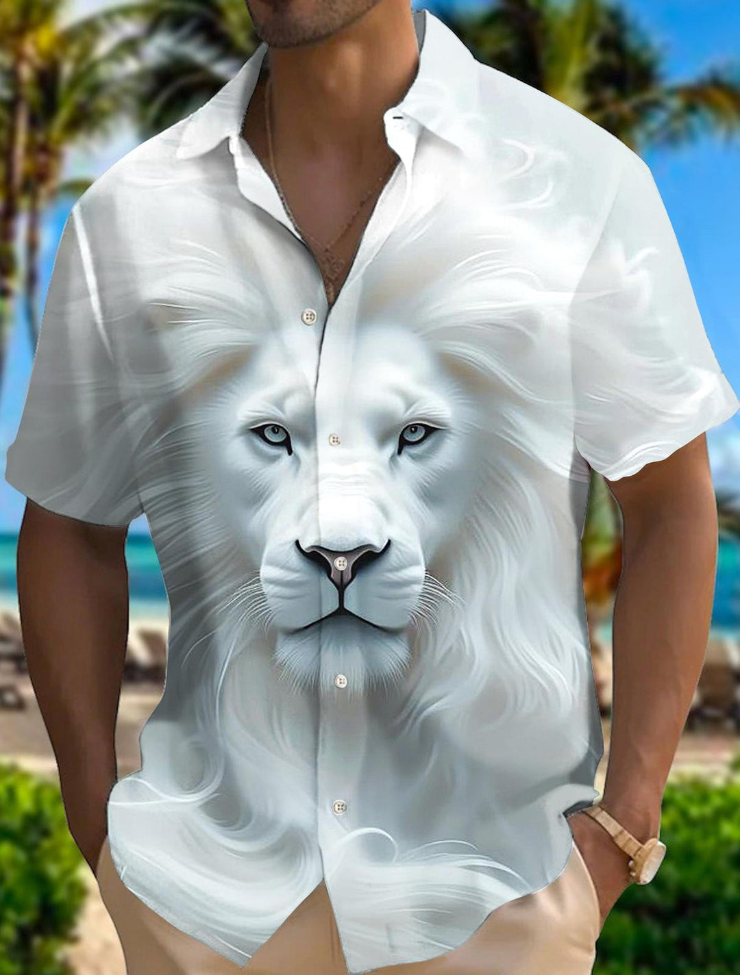 Men's White Lion Print Short Sleeve Shirts