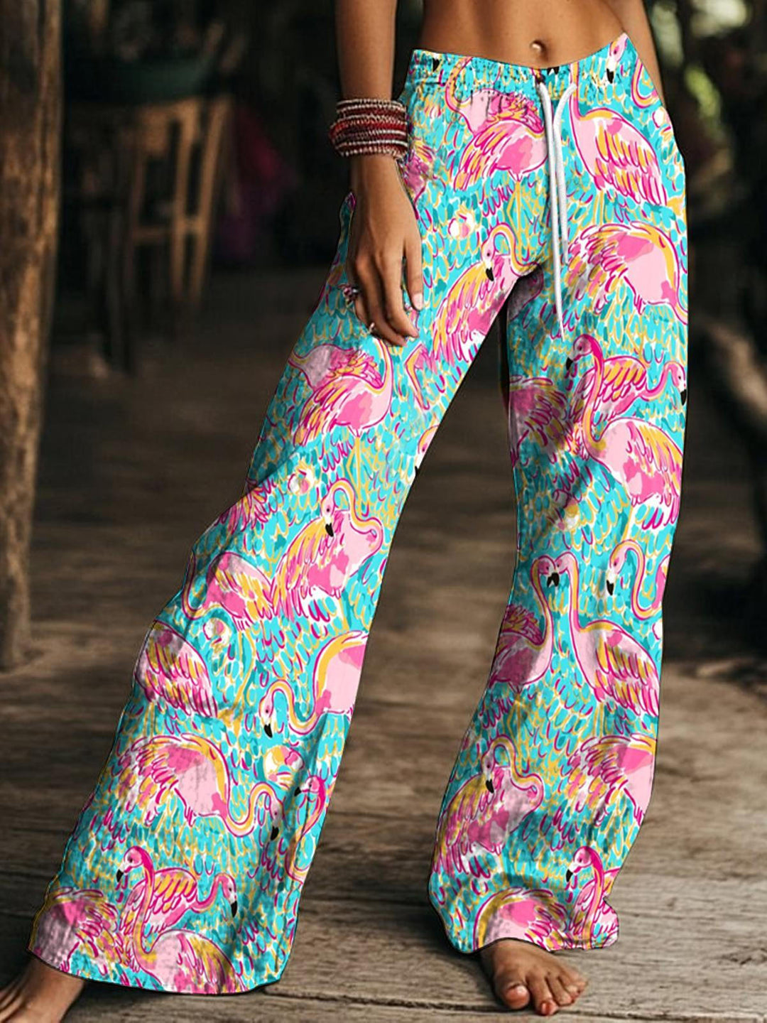 Women's Florida Flamingo Print Drawstring Wide-Leg Pants