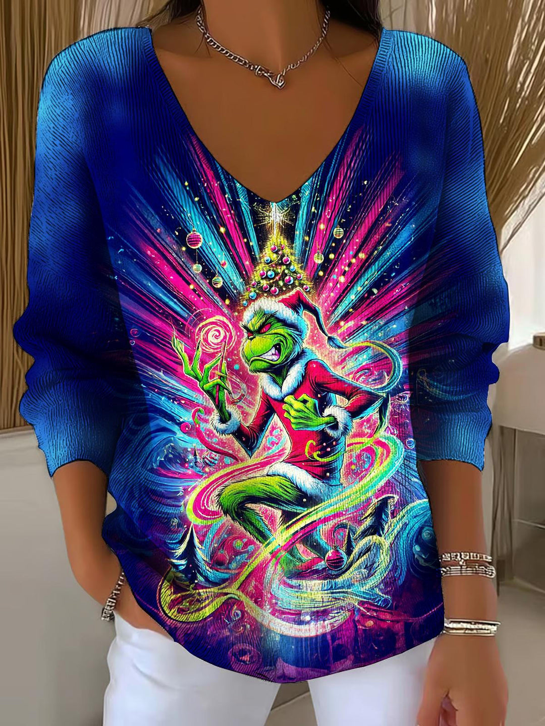 Fun Christmas Grinch Casual V Neck Pullover Sweater