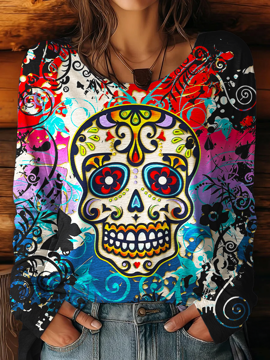 Women's Mexican Sugar Skull Day of the Dead Round Neck Long Sleeve T-shirt