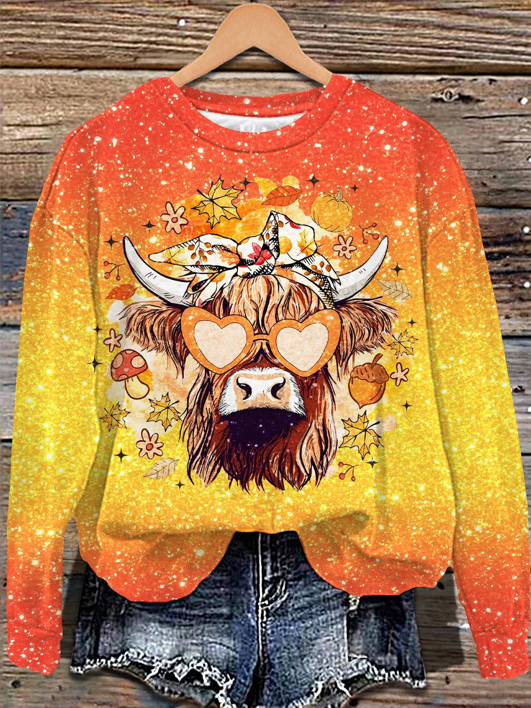 Autumn Sequined Highland Cow Print Long Sleeve Casual Top