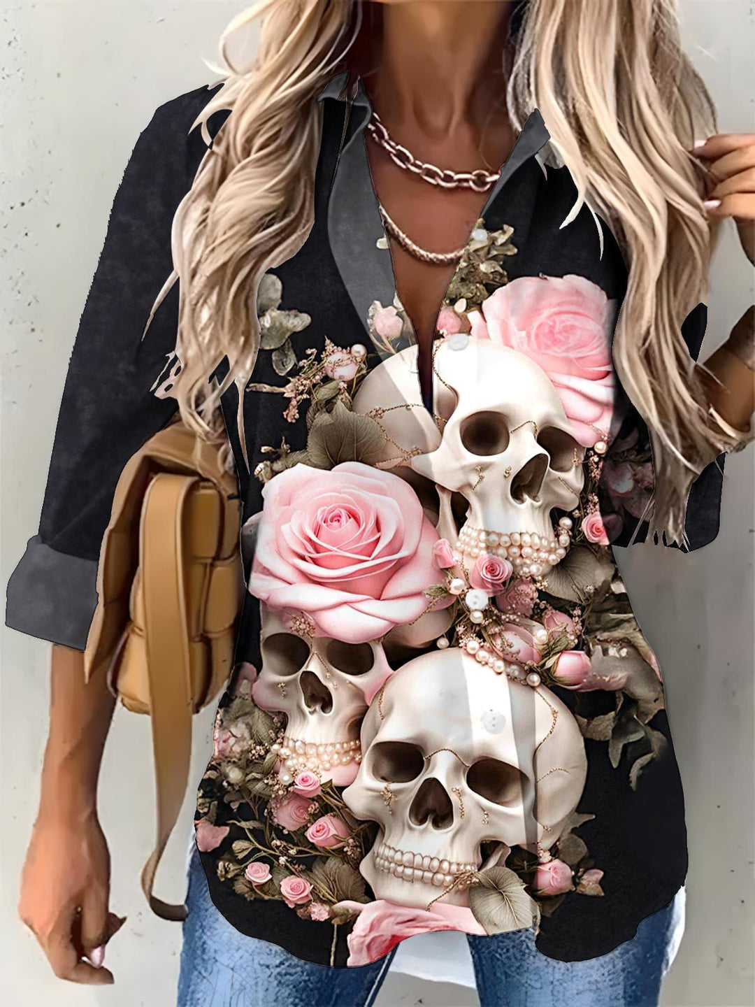 Women's Halloween Skull Embossed Printed Casual Shirt