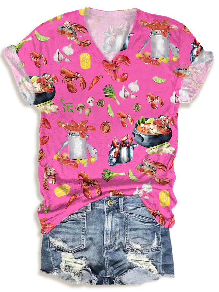 Fun Crawfish Boil Party Print V-neck T-Shirt