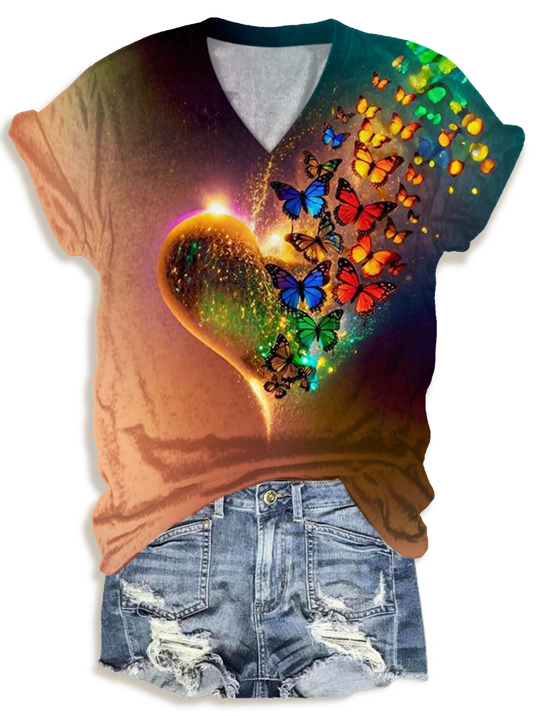 Butterfly Heart Design V-neck T-Shirt