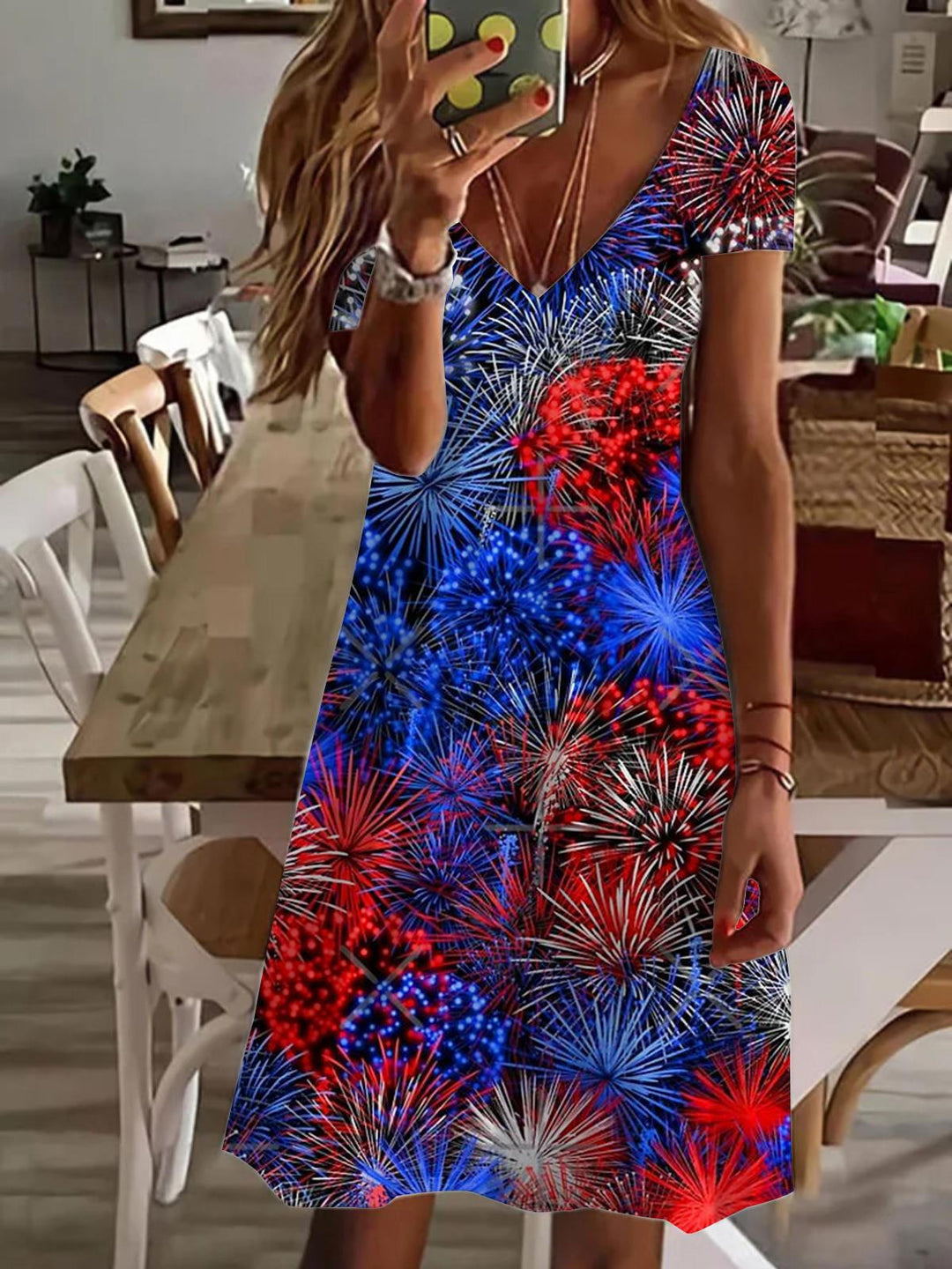 Holiday Fireworks V Neck Short Sleeve Dress