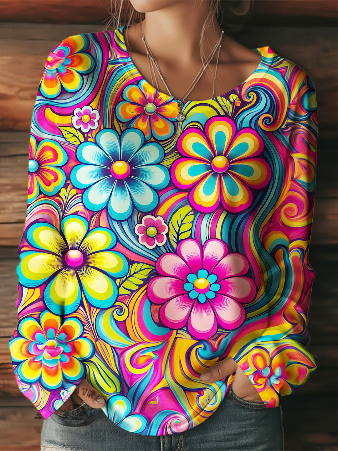 Women's Retro Colorful Flowers Round Neck Long Sleeve T-shirt