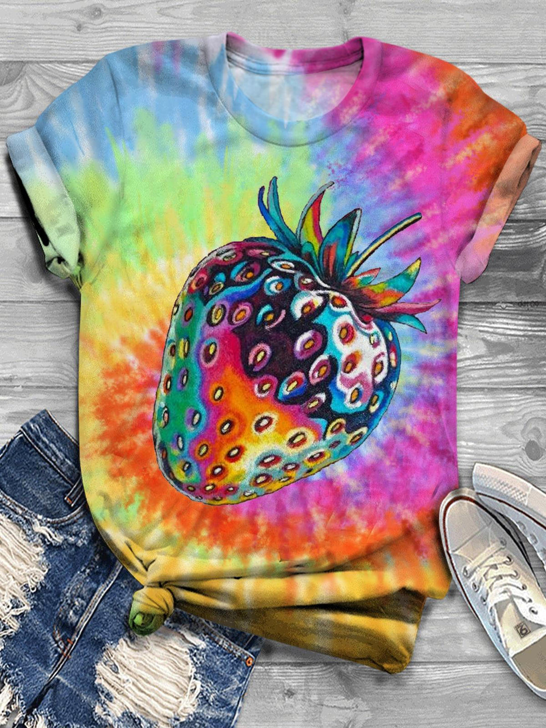 Women's Colorful Strawberry Tie Dye Print Casual T-Shirt