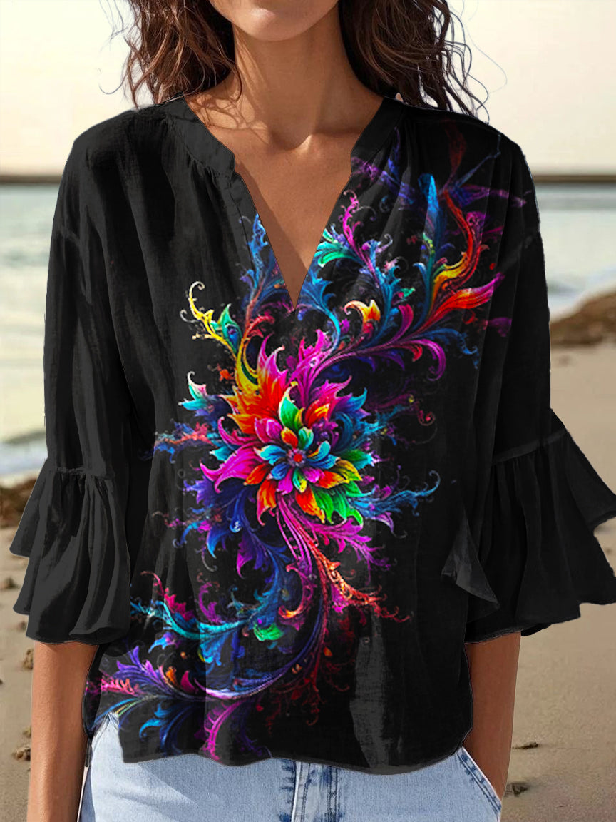 Hippie Floral Print V-Neck Lace T-shirt
