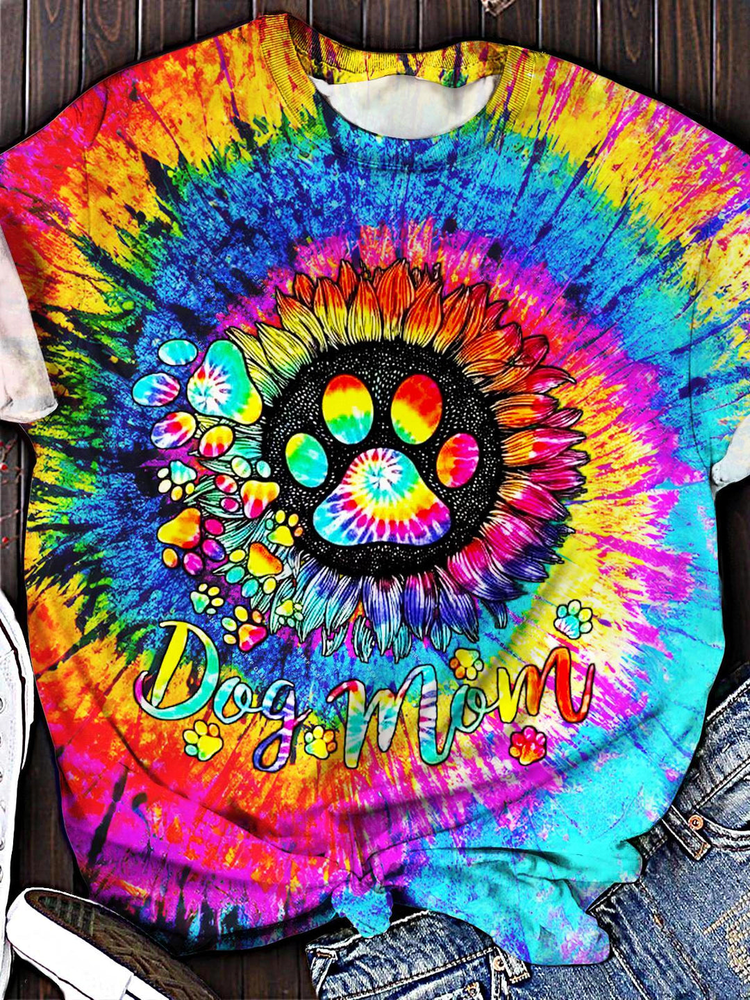 Tie-Dye Hippie Puppy Print Crew Neck T-shirt