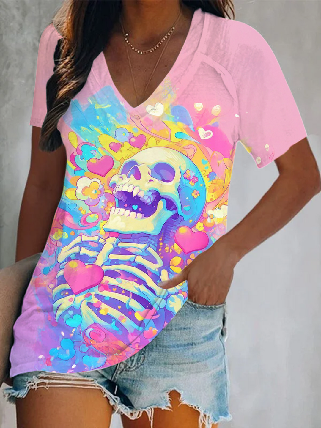 Pink Tie-dye Hippie Skull Love Short Sleeve V Neck Print Top