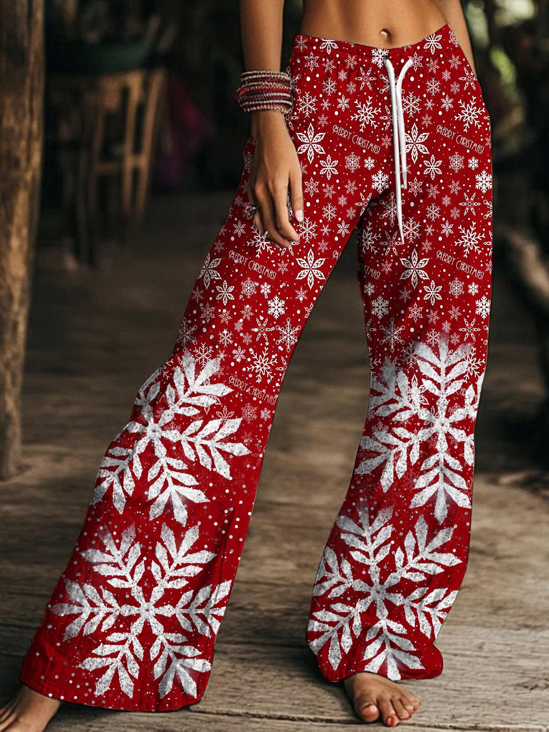 Women's Christmas Snowflake PrintDrawstring Wide-Leg Pants