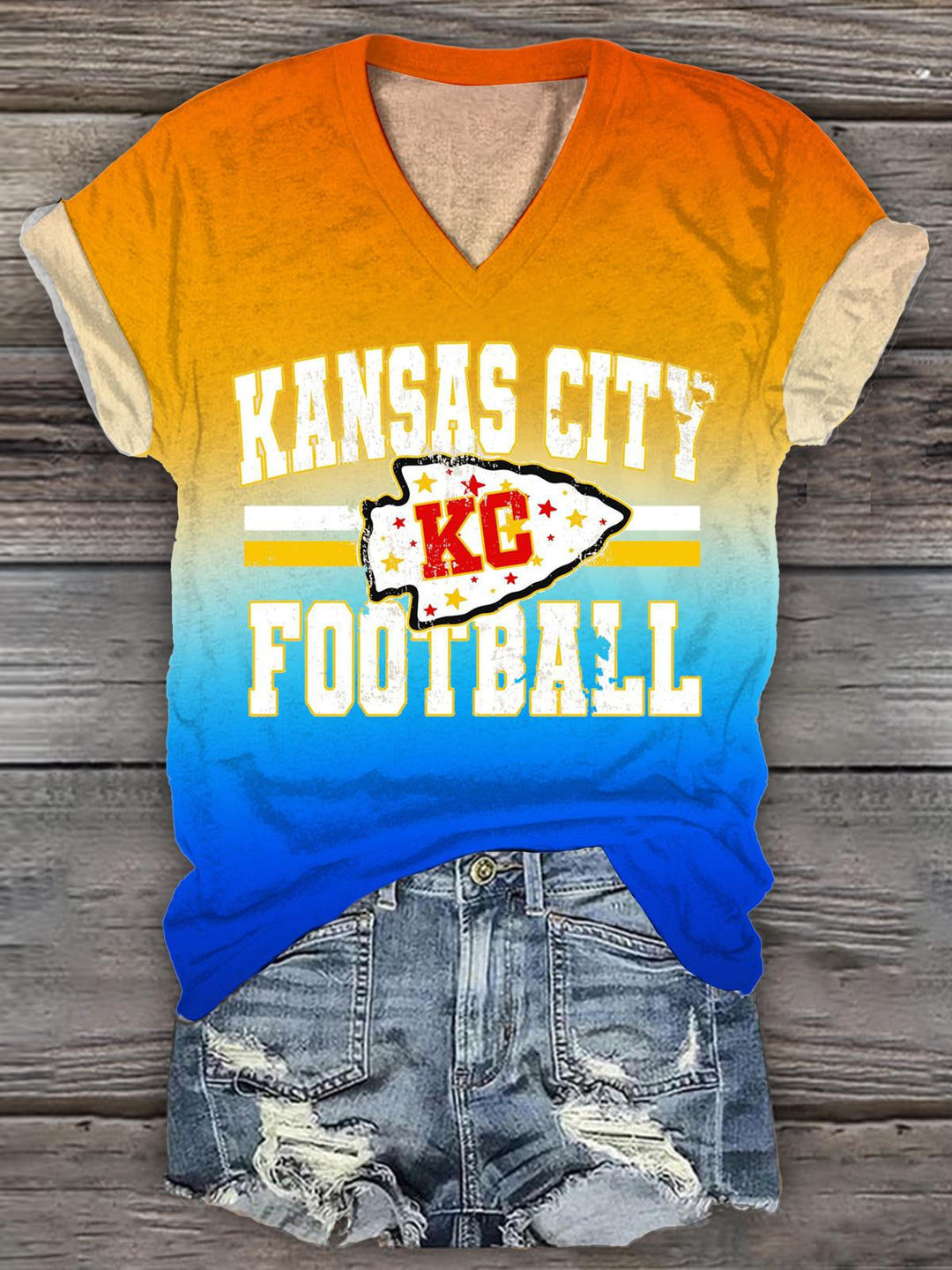 Vintage Kansas City Football V-Neck Short Sleeve T-Shirt