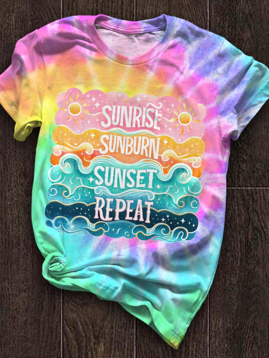 Tie Dye Sunrise Repeat Funny Word Crew Neck T-shirt