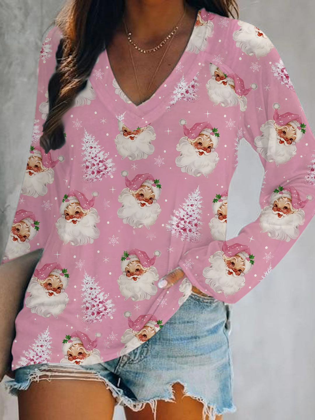 Christmas Retro Tree Santa Claus Print V-Neck Long Sleeve Top