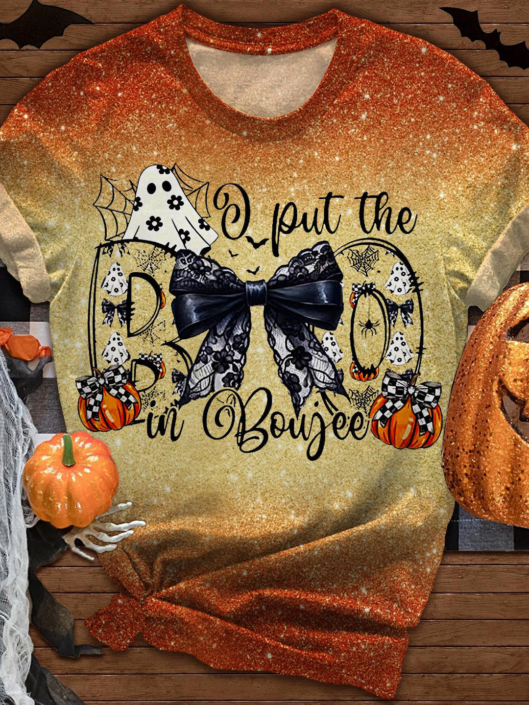 Women's Retro Halloween Bow Pumpkin Crew Neck T-shirt