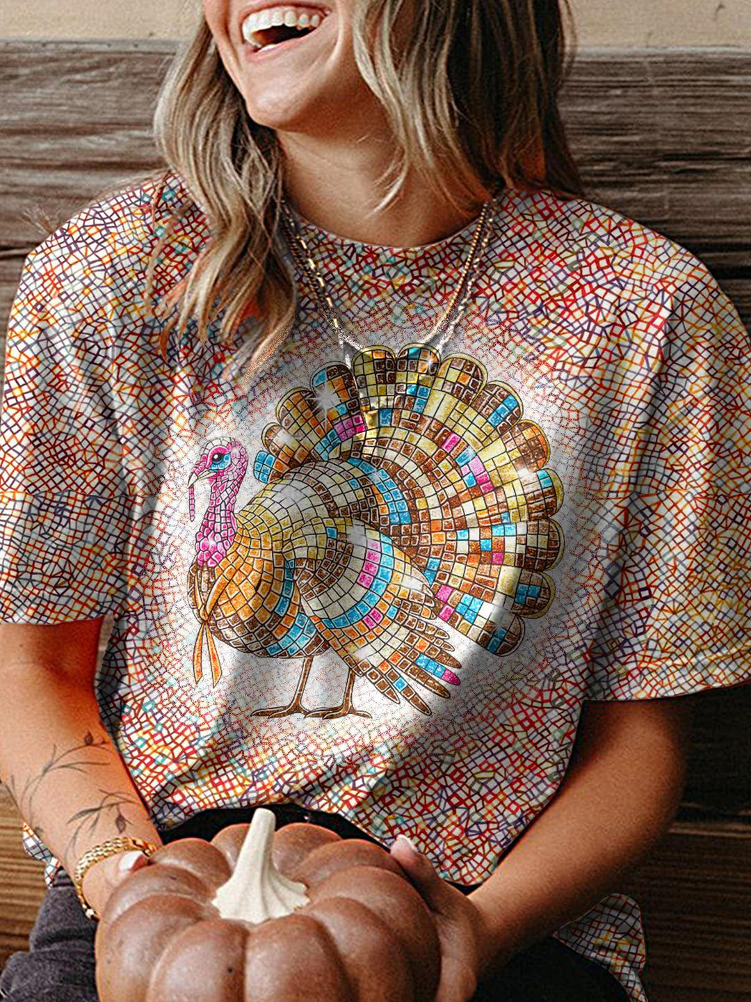 Women's Thanksgiving Disco Ball Turkey Crew Neck T-shirt