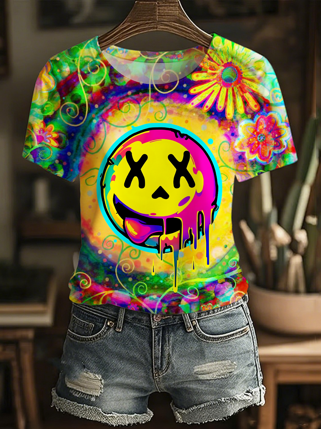 Colorful Fun Hippie Smiley Face Crew Neck T-shirt
