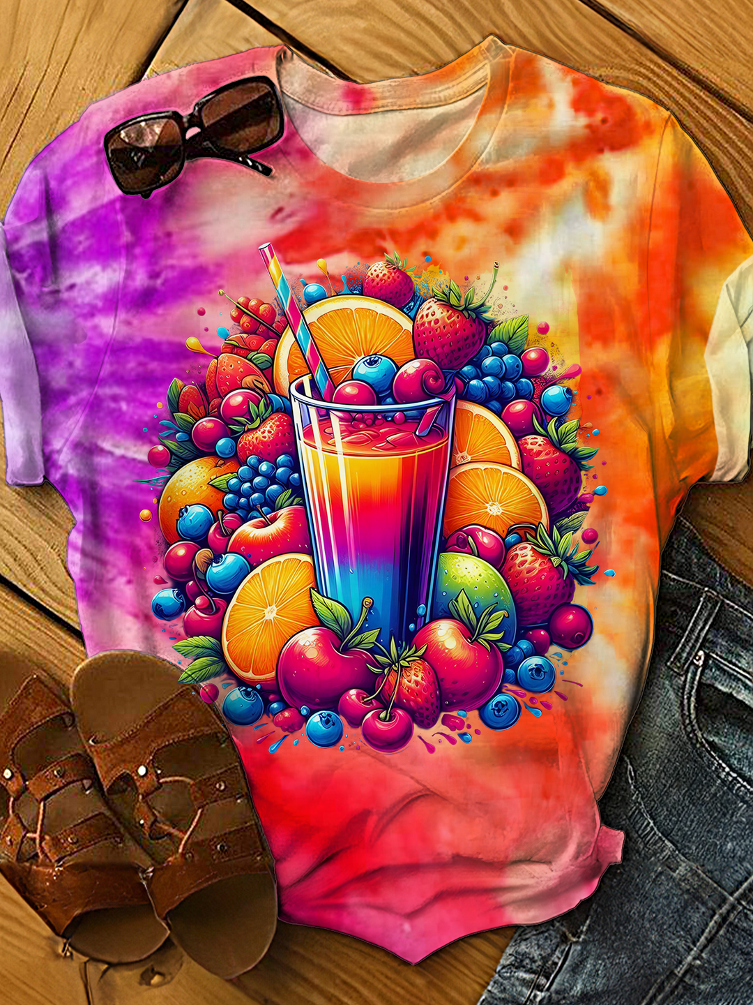 Tie-dye Fruit Juice Crew Neck T-shirt