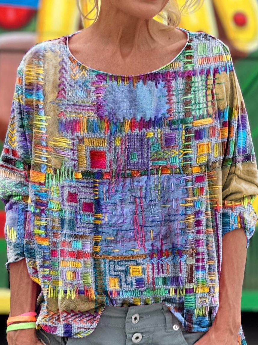 Vintage Ethnic Collage Texture Art Dropped Shoulders Long Sleeves T-shirt