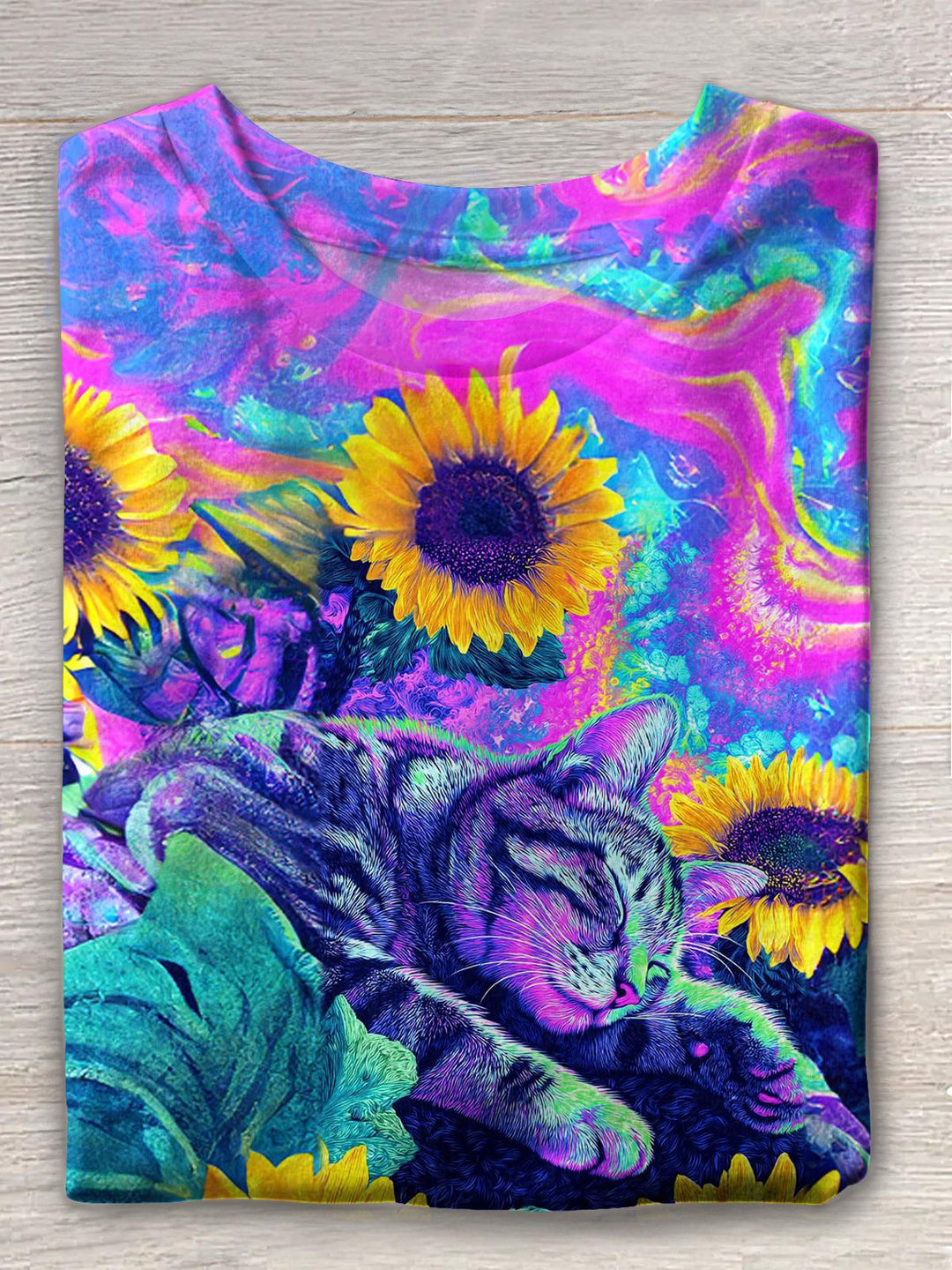 Hippie Sunflower Kitten Crew Neck T-shirt
