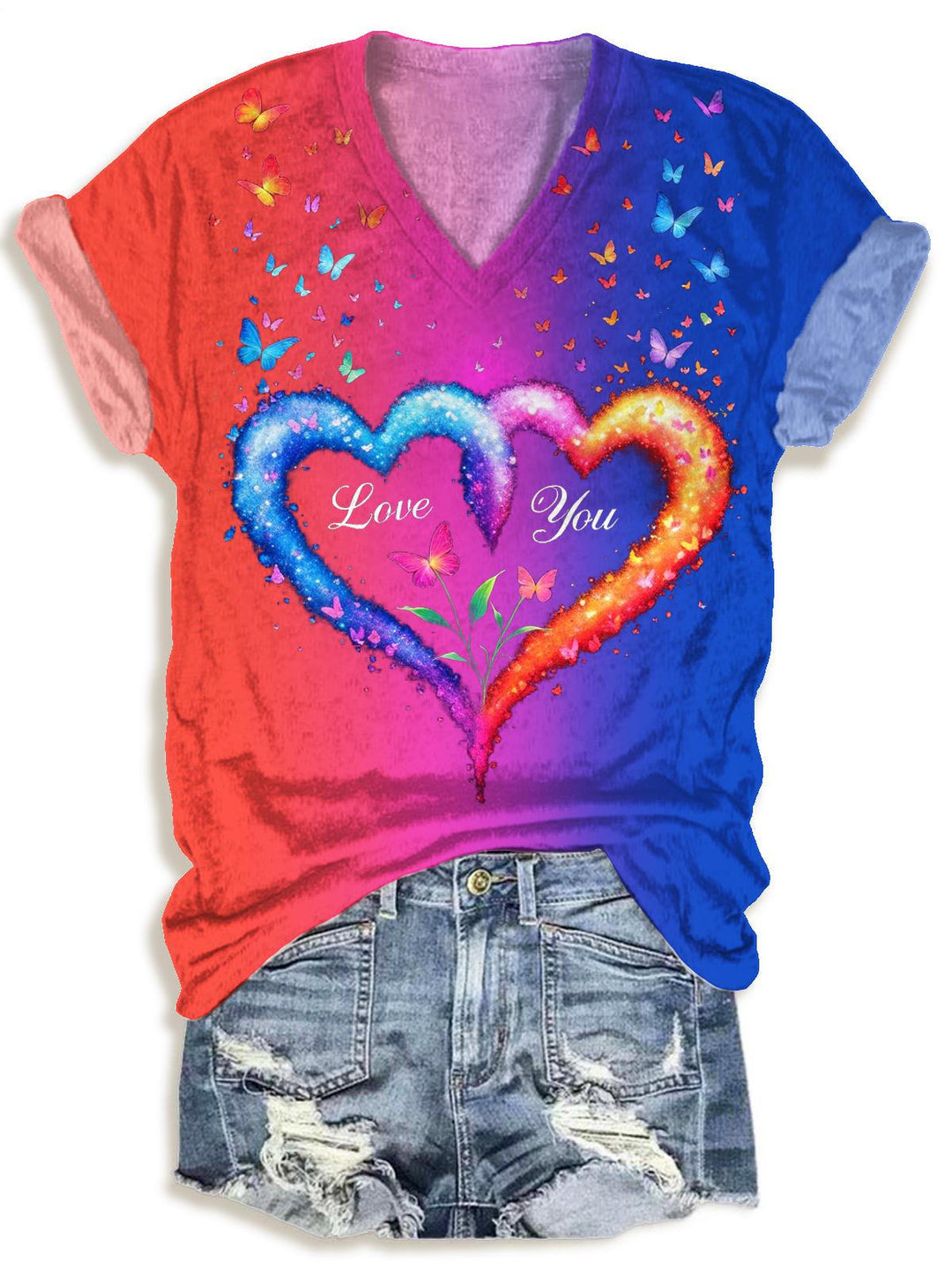 Retro Butterfly Heart Print V-neck T-Shirt