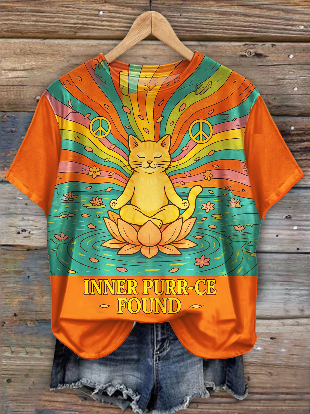 Inner Purr-ce Found Hippie Peace Cat Art Crew Neck T-shirt