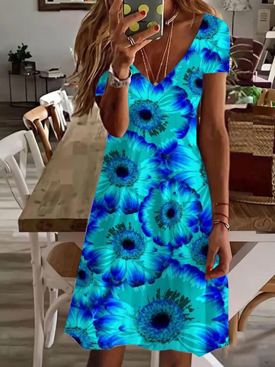 Blue Morning Glory Floral V Neck Short Sleeve Dress