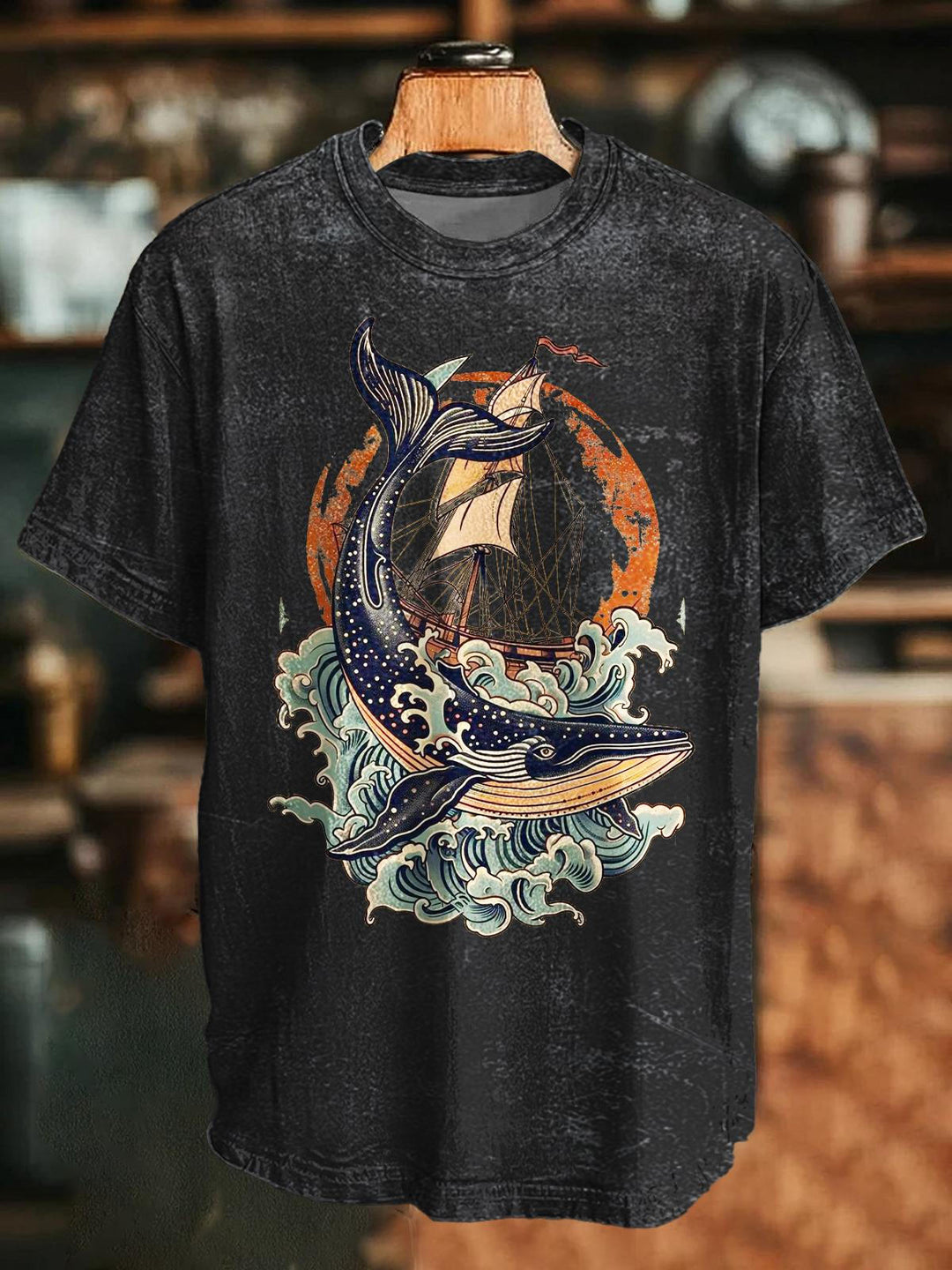Retro Whale Printed Crew Neck T-shirt