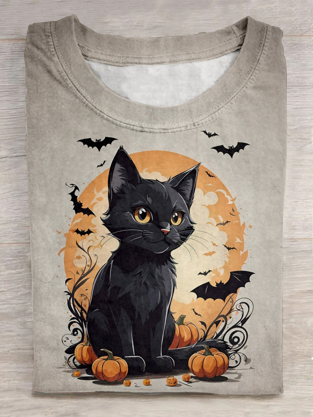 Halloween Black Cat Printed Crew Neck T-shirt