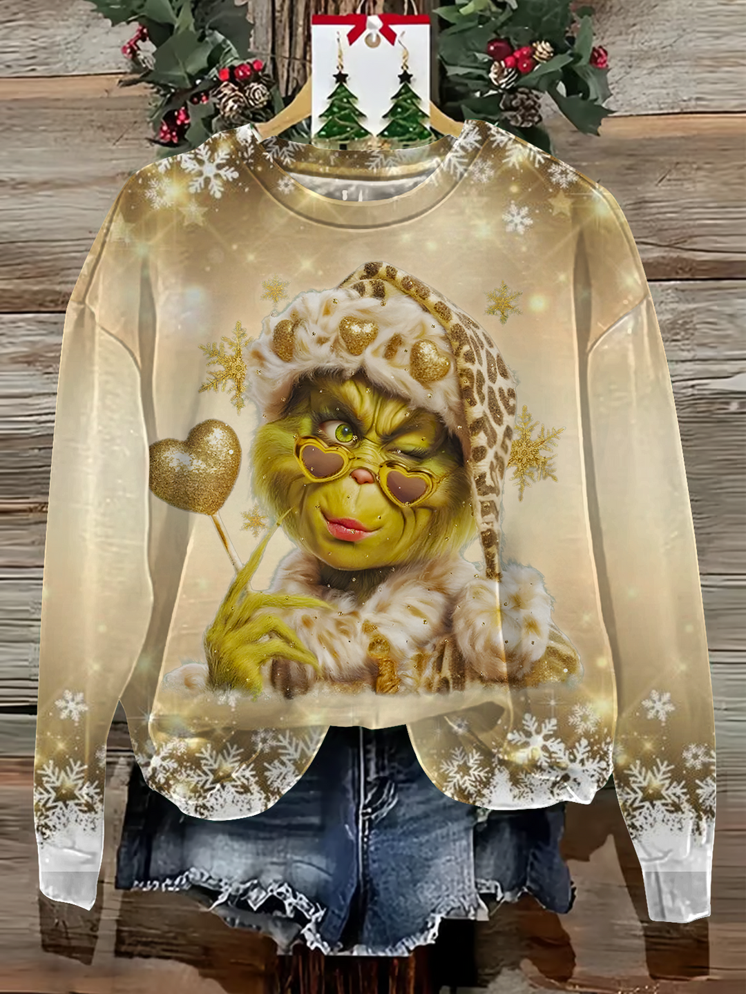 Watercolor Leopard Grincmas Christmas Preppy Glitter Printed Long Sleeve Casual Top