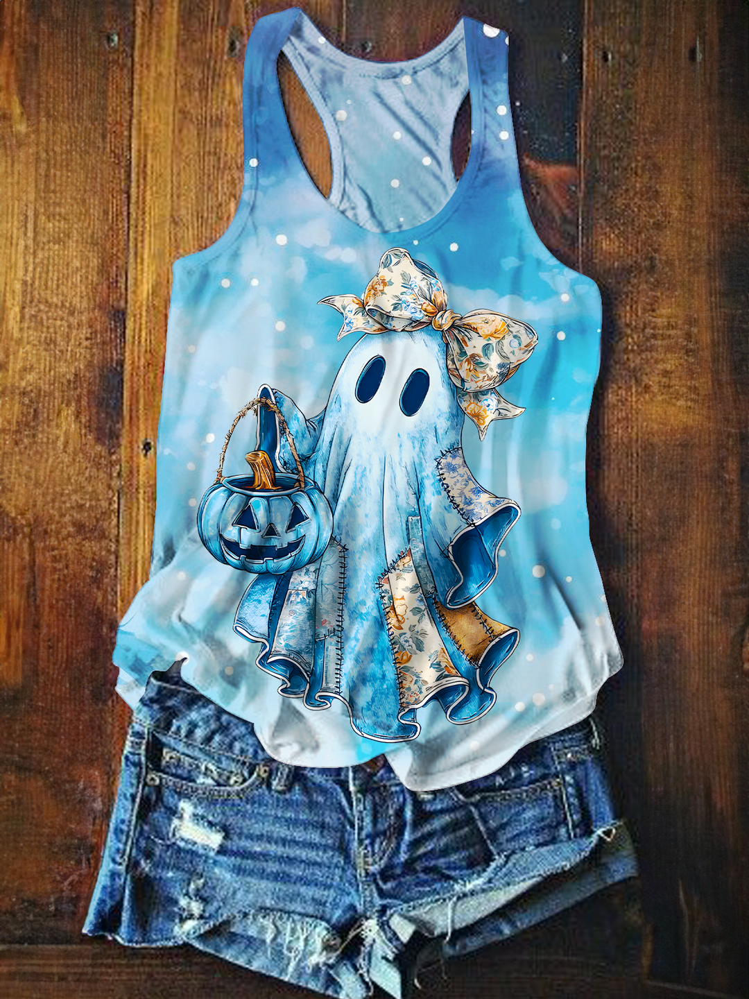 Patchwork Spooky Ghost Printed Casual Tank Top